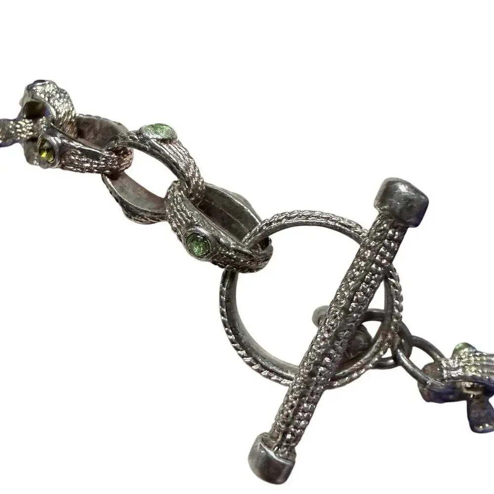 Vintage 1970s Brutalist Woodland Link Bracelet Green Rhinestones 8.5”
